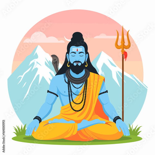 Blue-skinned Hindu God Shiva meditating in lotus pose, with a cobra, crescent moon, and golden trident.