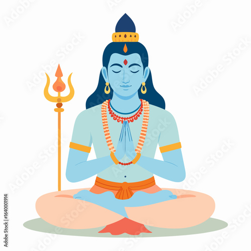 Blue-skinned Hindu deity Lord Shiva meditating in lotus pose with prayer hands and Trishula.