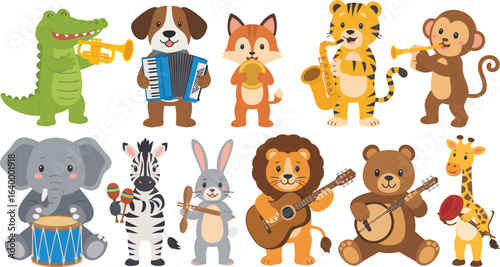 Cartoon animal band playing musical instruments. Cute wildlife musicians vector illustration set.