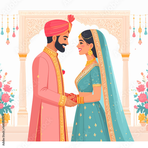 Happy Indian couple in traditional wedding attire, a groom in a pink sherwani and a bride in a teal lehenga.