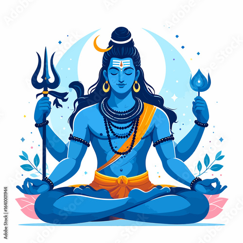 Blue-skinned Hindu god Shiva meditating in a lotus pose with four arms and a trident.