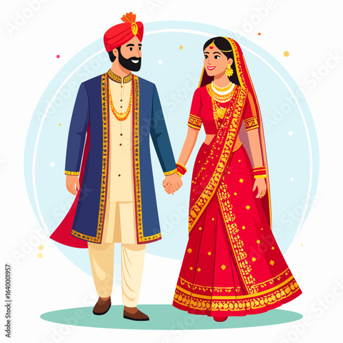 Happy Indian wedding couple in traditional attire holding hands, groom in blue sherwani, bride in red lehenga.