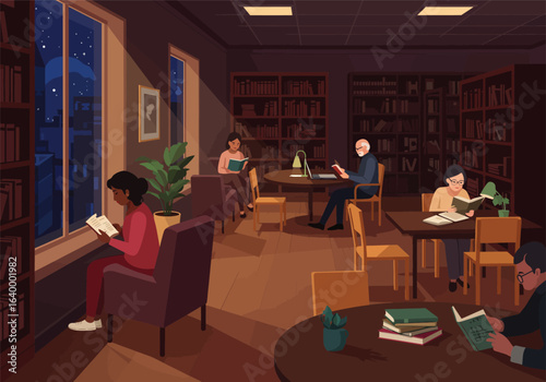A serene illustration of diverse people absorbed in books within a quiet, cozy library at night, a haven for study and peaceful reading.