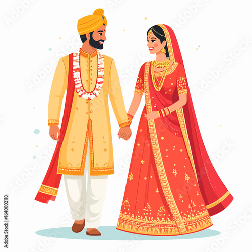 Smiling Indian wedding couple in traditional attire, groom in yellow sherwani, bride in red lehenga.