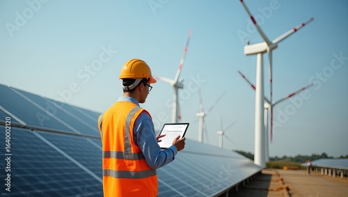 Engineer at factory site with solar panels and wind turbines wearing safety gear hard hat vest using digital tablet schematic focus on eco friendly industry renewable energy clean modern environment 