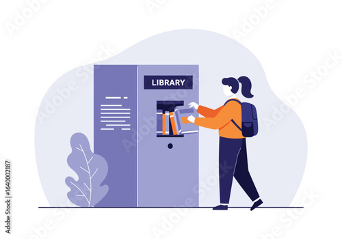 A young student uses a modern self-service automated book dispenser at a futuristic public library kiosk. Vector illustration concept.