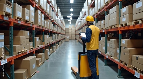 Logistics worker in warehouse using pallet jack and barcode scanner organized shelves labeled boxes bright lighting modern supply chain efficient inventory management order fulfillment streamlined 