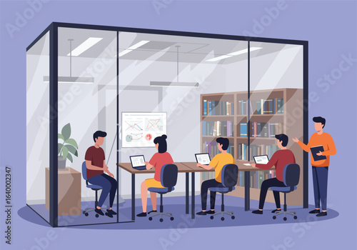 Collaborative business team in a modern glass conference room, accessing a digital and physical library for data analysis and strategy planning.