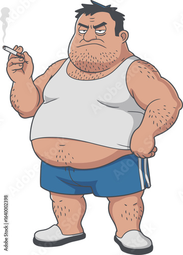 Vector character design of a grumpy, overweight man smoking.