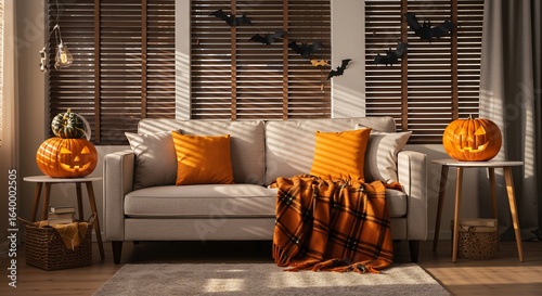 Lit pumpkins flank a couch in a room with blinds and bat decorations bathed in sunlight