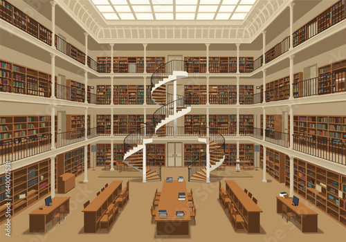 A grand multi-level public library interior with a central spiral staircase, countless books on shelves, and quiet study areas.