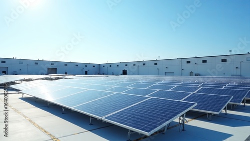 Rooftop solar panels neatly aligned on industrial flat roof modern warehouse clean architecture bright natural lighting clear blue sky minimal background green energy business photo realistic