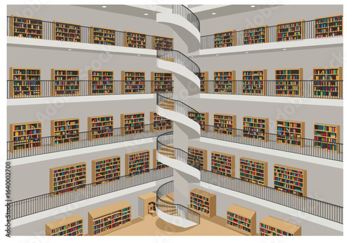 Architectural illustration of a contemporary multi-story library, with a central white spiral staircase ascending through an atrium of book shelves.