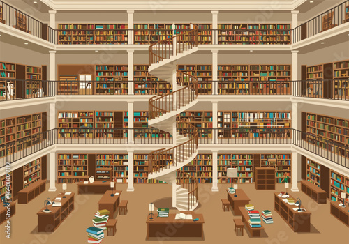 A grand multi-level library interior with a spiral staircase connecting floors filled with bookshelves. A quiet public library for study.