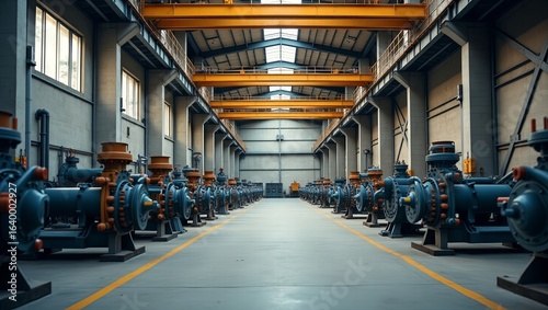 Industrial interior photography large facility steel beams concrete walls heavy equipment pipes valves control panels warm and cool tones shallow depth of field neutral palette soft natural lighting