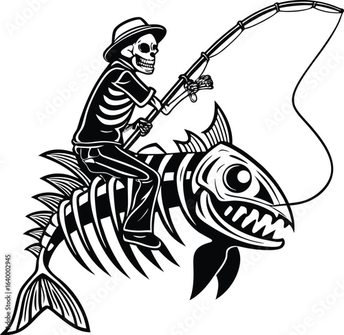 Spooky skeleton fisherman riding a fish skeleton while fishing with a rod in black and white
