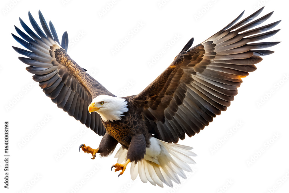Fototapeta premium American bald eagle flying with wings spread wide against a white background