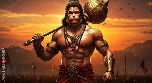 Powerful depiction of lord hanuman holding a mace in a majestic sunset landscape
