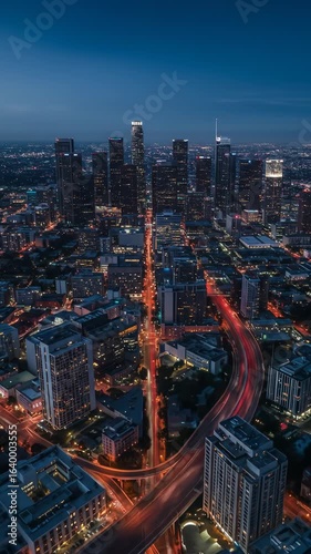 Los Angeles cityscape glows at night, showcasing urban skyscrapers and vibrant streetlights in the heart of downtown California.