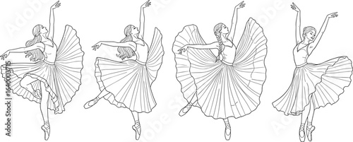 Elegant ballet dancers, line art illustration, graceful poses, flowing skirts, minimal design, expressive movement, classical dance, artistic sketch, monochrome style