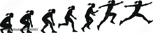 Silhouette sequence of female athlete performing long jump, showing dynamic motion, sports action progression, isolated on white background