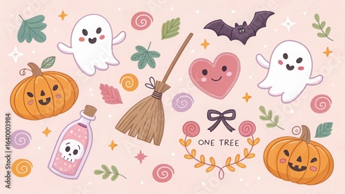 Adorable Halloween cartoon illustration featuring smiling ghosts pumpkins and a friendly bat on
