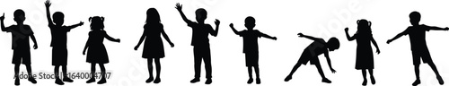 Silhouettes of children playing, dancing, waving hands, happy kids, group activity, joyful movement, childhood fun, friendship, carefree moments, energy