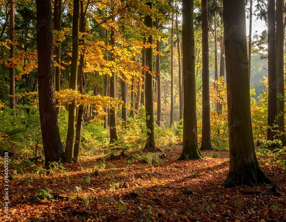 Naklejka premium Autumn forest bathed in sunlight