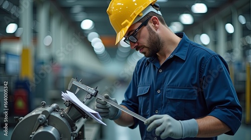 Industrial workers installing machinery indoors wearing safety gear hard hats reflective vests one reading blueprint other using tools pipes beams control panels teamwork practical realistic scene
