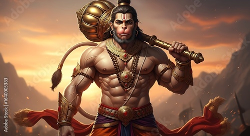 Powerful depiction of lord hanuman with a mace against an orange sky background