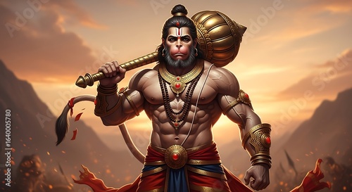 Powerful digital illustration of hindu god hanuman holding a mace against sunset