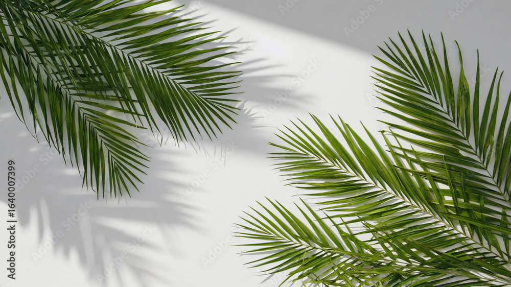 Tropical palm fronds overlapping on white studio surface, casting abstract shadows Tropical palm fronds overlapping on white studio surface, casting abstract shadows