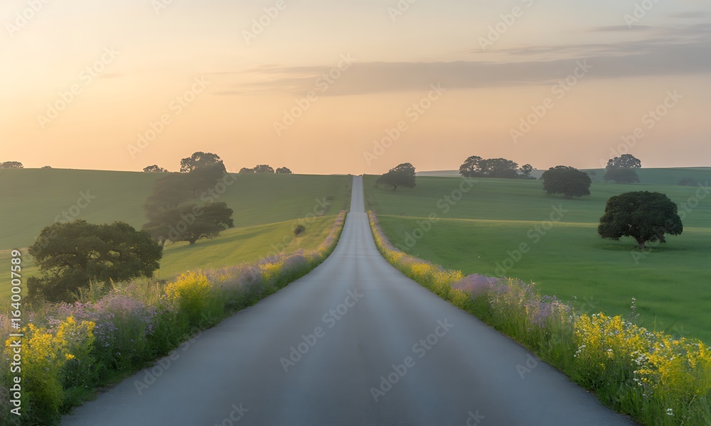 Fototapeta premium Breathtaking Country Road at Sunrise: Serene Landscape with Lush Green Fields and Colorful Wildflowers, Perfect for Travel, Nature, and Lifestyle Themes in Photography and Marketing