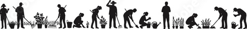 Silhouettes of people gardening, planting, watering, raking, and taking care of plants, outdoor activity, teamwork, nature, hobby