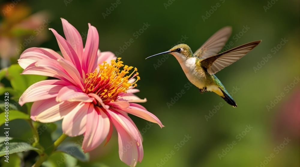 Fototapeta premium Hummingbird near a pink dahlia - a vivid macro photo of a bird drinking nectar in a garden