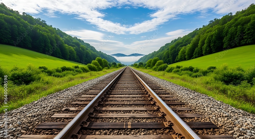 Fototapeta premium Breathtaking Railway Tracks Scenic Imagery Through Lush Green Landscapes Under Vibrant Skies, Ideal for Travel, Adventure, Nature, and Transportation Themes in Commercial Projects