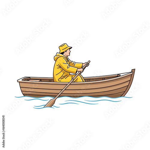 A person in a yellow raincoat rowing a wooden boat across gentle blue waves of water