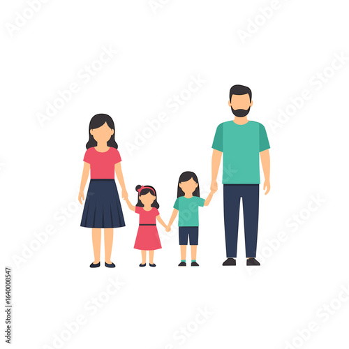 Engaging Family Portrait Featuring Four Members Holding Hands in a Cheerful, Colorful Style