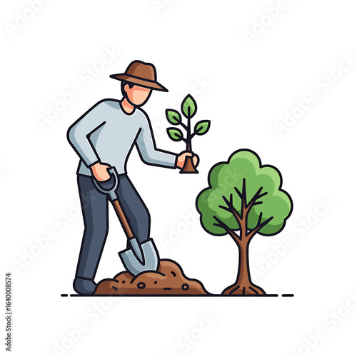 A person planting a young tree while digging in the soil with a shovel in hand