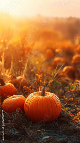 Pumpkins on grass in an autumn harvest festival background, a Halloween and spooky concept. Orange pumpkins and golden sunlight. An autumn pumpkin patch. A Halloween fall landscape banner.