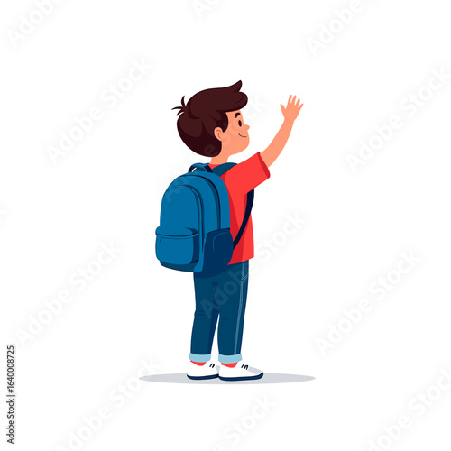 Cheerful boy waving goodbye, wearing a backpack, excited for a new adventure ahead