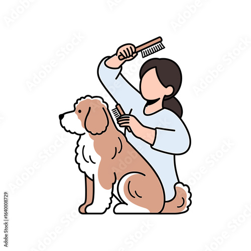 Woman Grooming a Dog with Brushes, Showcasing Care and Bonding Moments Together
