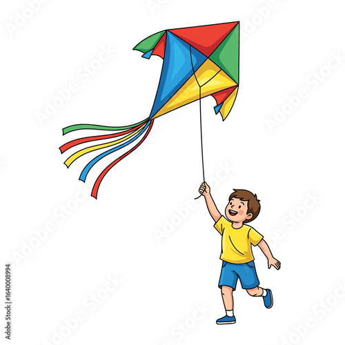 Joyful child flying a colorful kite on a sunny day, capturing the essence of childhood playfulness