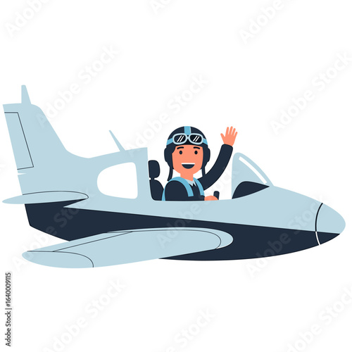 Cheerful pilot waving from the cockpit of a sleek, modern light aircraft in mid-flight