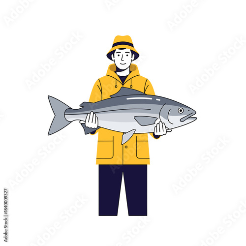 Fisherman proudly displaying a large fish against a clean white background in bright attire