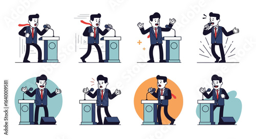 Animated Businessman Giving a Speech at a Podium with Different Emotions