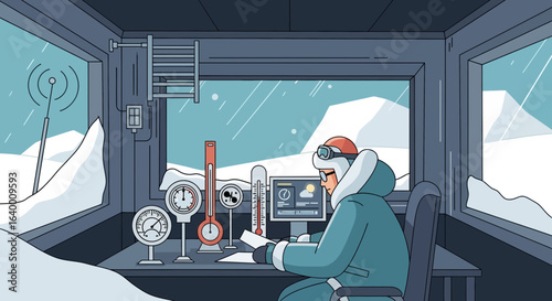 Arctic Scientist Monitoring Weather Data At Research Station Window View