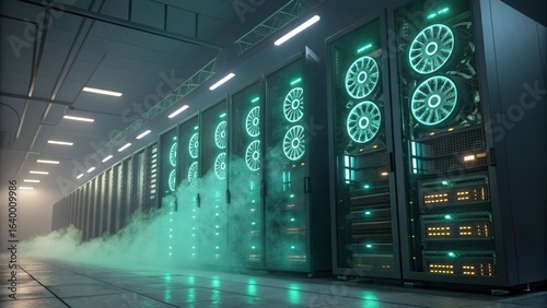 Advanced server room with glowing fans and cooling mist, representing modern technology and data processing.