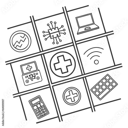 Healthcare technology icons grid silhouette isolated on white background