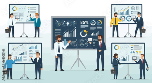 Diverse Business Team Presenting Financial Data on Flip Charts
